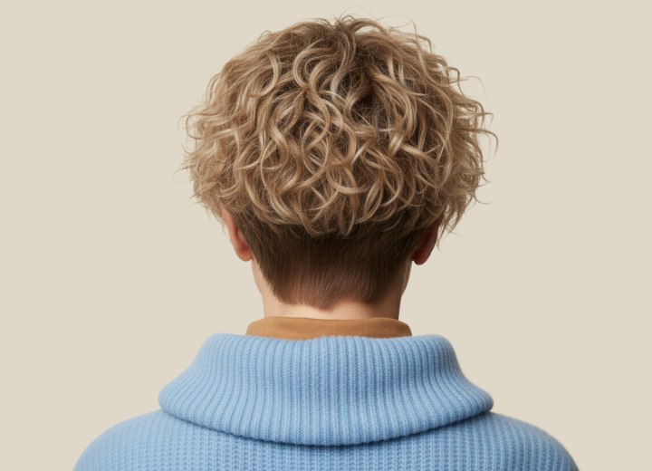 Curly hairstyle with a very short nape section - Back view