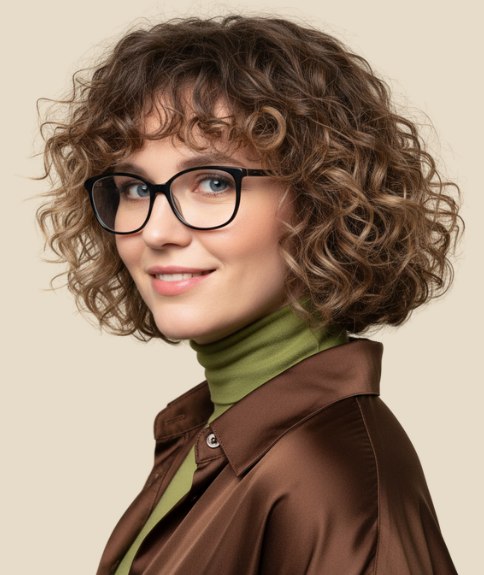 Curly, just above the collar bob cut - Side view