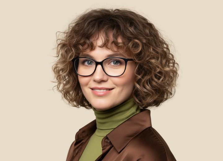 Medium-length bob with curls and a fringe