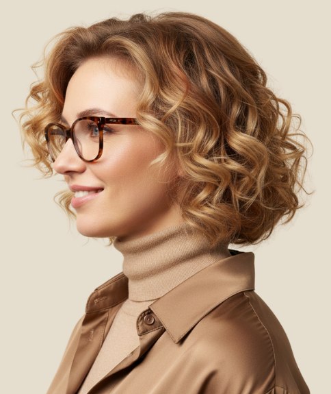 Collar-length curly bob that elongates the neck - Side view