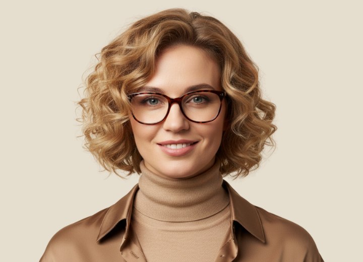 Curly bob haircut, paired with glasses