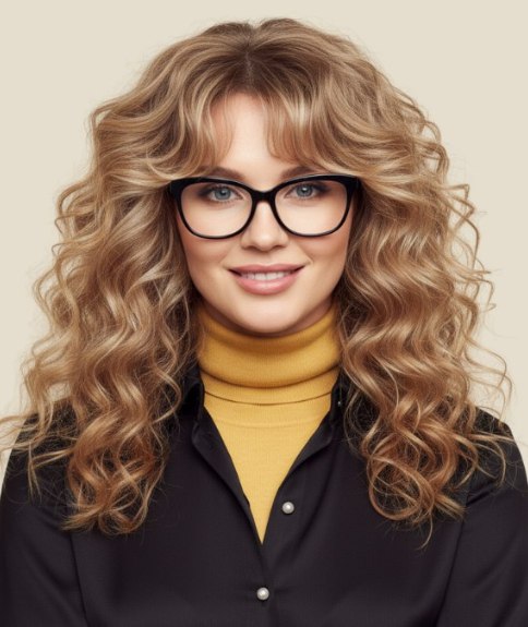 Long hairstyle with spiral curls and curly bangs