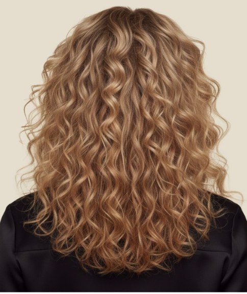Past the shoulders blonde hair with spiral curls - Back view