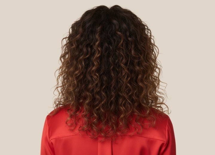 Long brown hair with curls and highlights - Back view