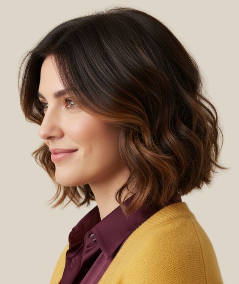 Wavy bob for brown hair with highlights - Side view