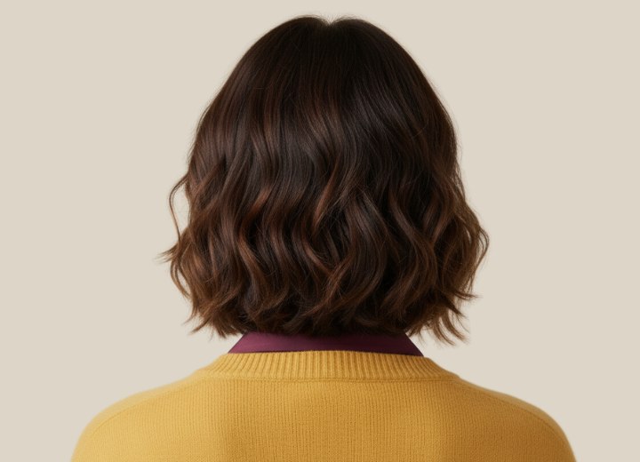 Dark brown hair with caramel and light brown highlights - Back view
