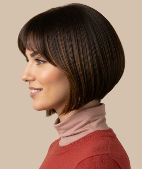 Rounded, angled bob with a fringe - Side view