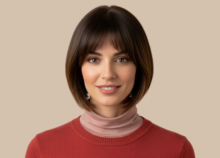 Angled, just below the jawline bob with a fringe