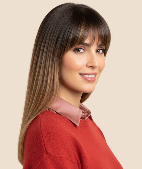 Long sleek hairstyle with a straight fringe - Side view