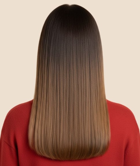 Straight long hair with a balayage from brown to golden-blonde - Back view