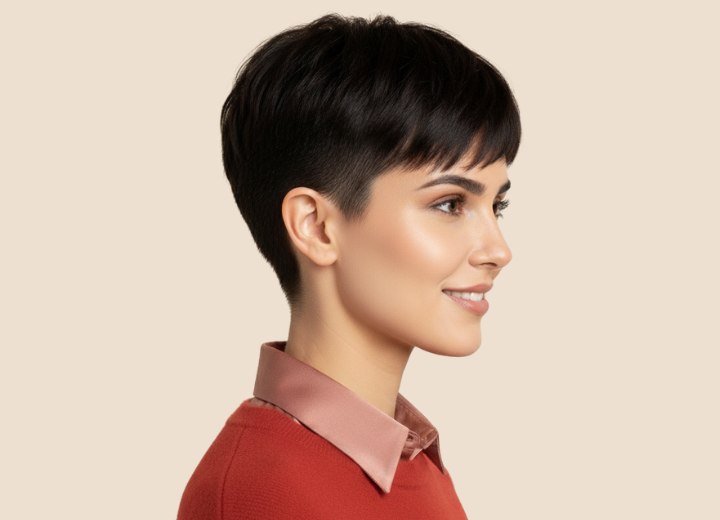 Very short women's haircut with a soft fringe - Side view