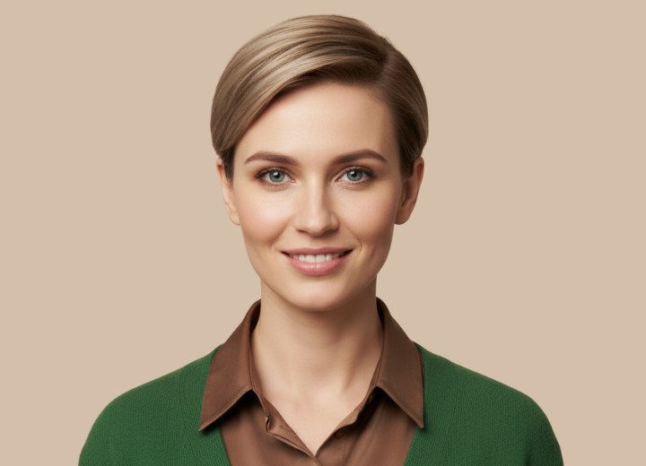 Short hairstyle with a side fringe and simplicity
