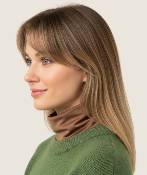 Long straight hairstyle, paired with a turtleneck - Side view