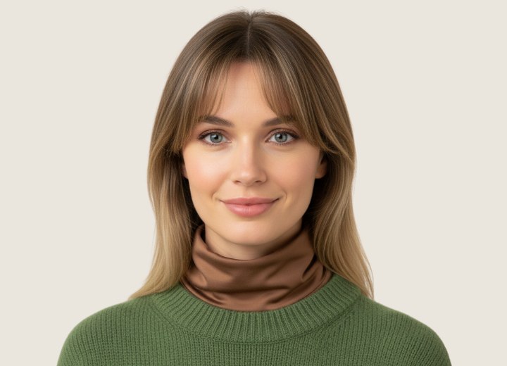 Long straight hair with a center part and face-framing layers