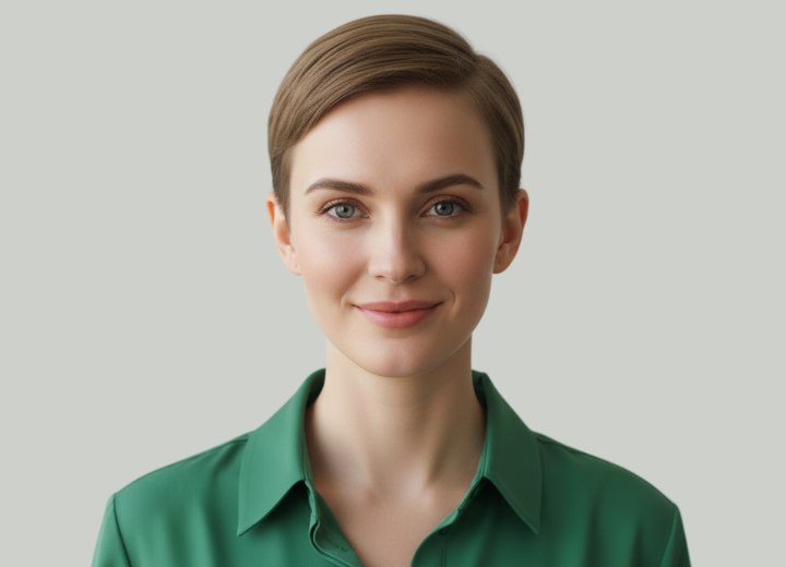 Feminine, classic pixie cut with a side-swept fringe