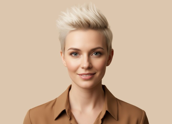 Short cut with the hair styled upward for a spiky look