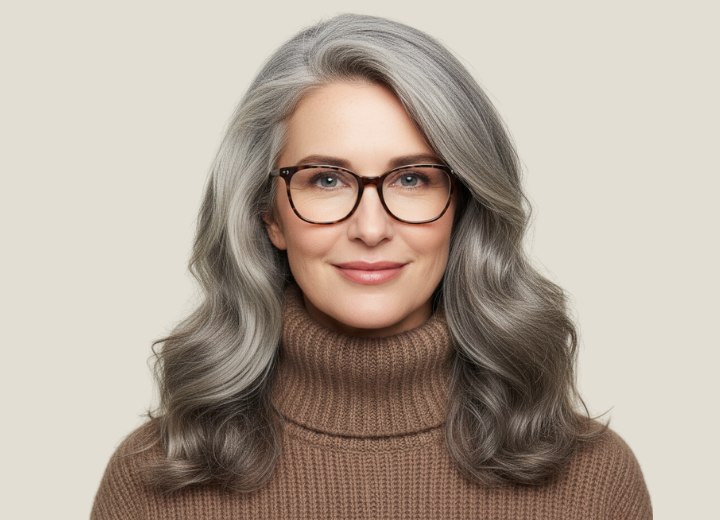 Older woman with long silver-gray hair, paired with glasses