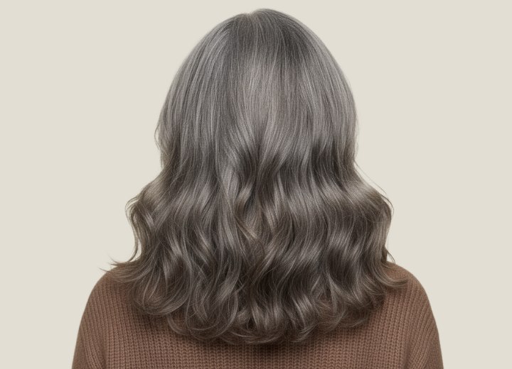 Long hair with different shades of gray - Back view