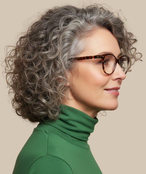 Mid-neck length curly bob for gray hair - Side view