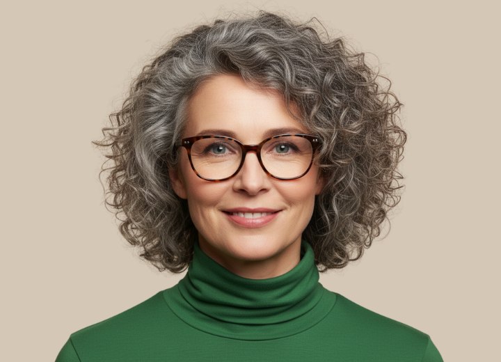 Semi-long hairstyle with curls for gray hair