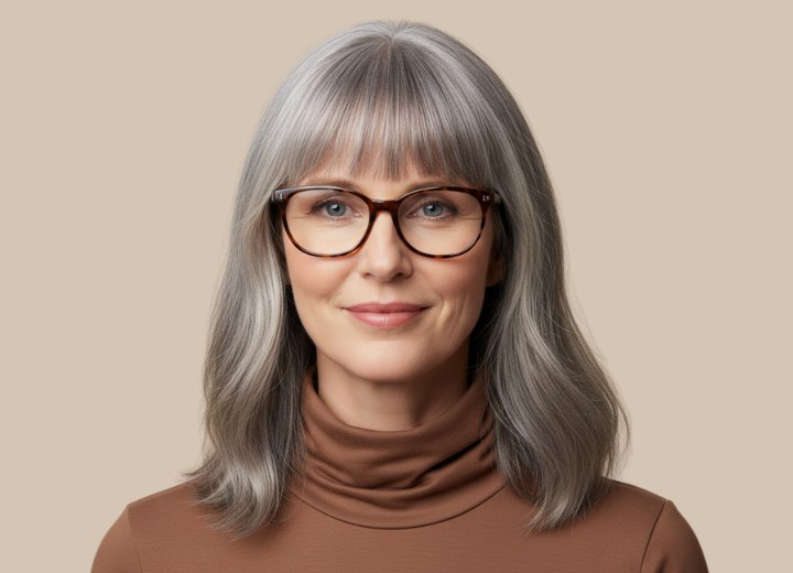 Long gray hair with a soft wave pattern, paired with glasses