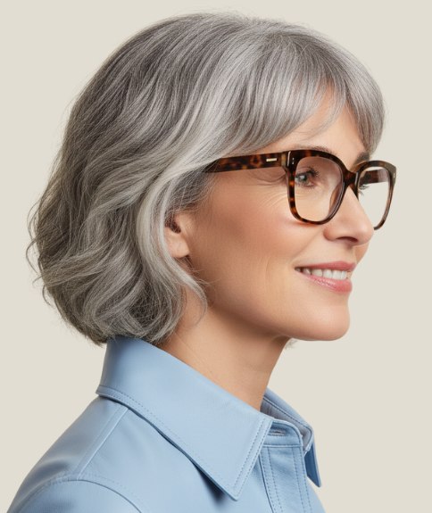 Wavy bob for gray hair - Side view