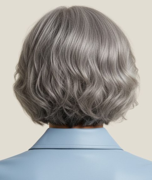 Natural gray hair, cut into a bob - Back view