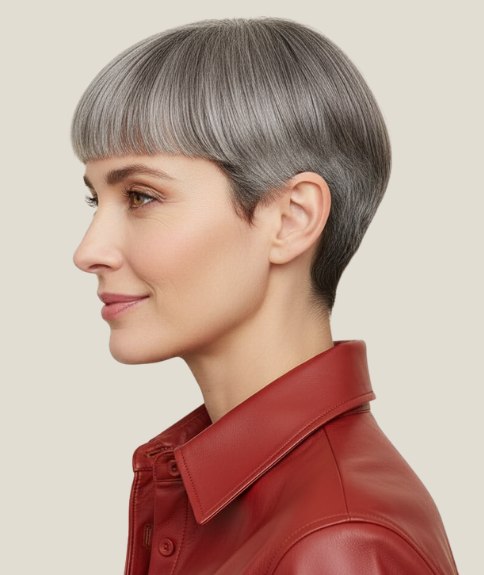 Fashion-forward pixie cut for gray hair - Side view