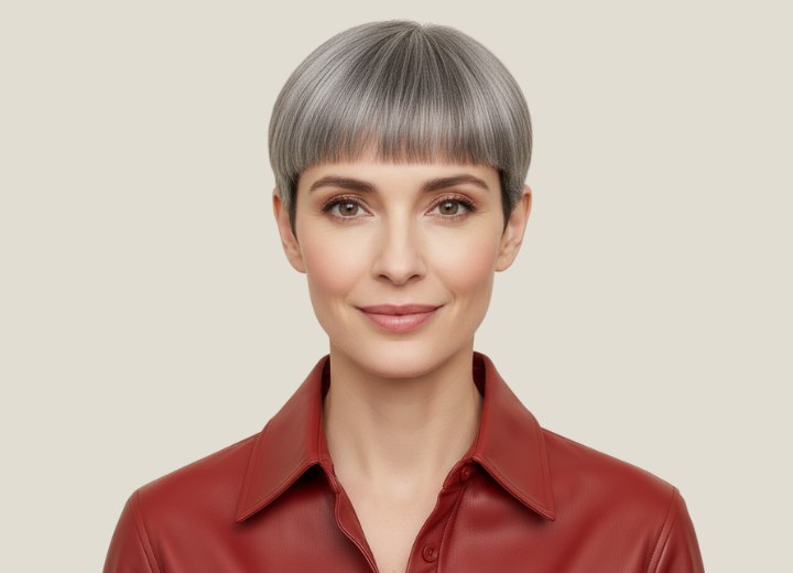 Gray hair, cut into a pixie cut with micro bangs
