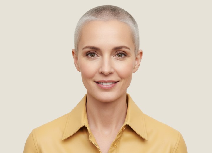 Clipper cut hair with an almost uniform length all over for women