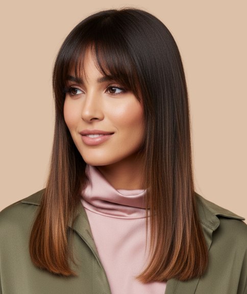 Long, straight hairstyle with curtain bangs - Side view
