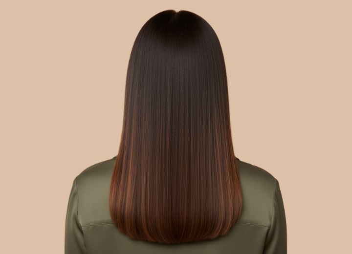 Long hair with a balayage that transitions from brown to caramel - Back view