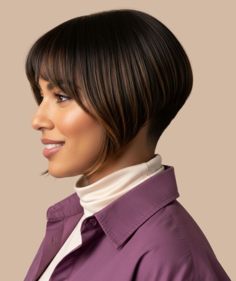 Short, angled bob with a shaved nape - Side view