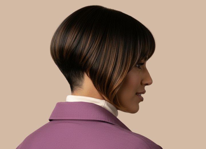 Short, angled bob with a clipper-cut nape - Back view