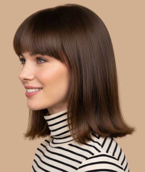 Mid-length hairstyle with bangs and an outward flip - Side view