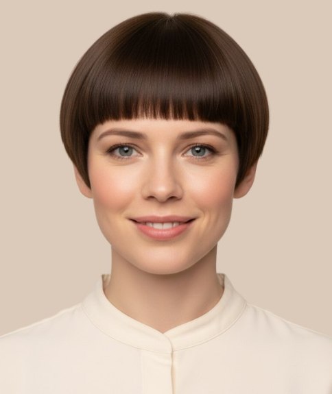 Short hairstyle with a strong, straight fringe