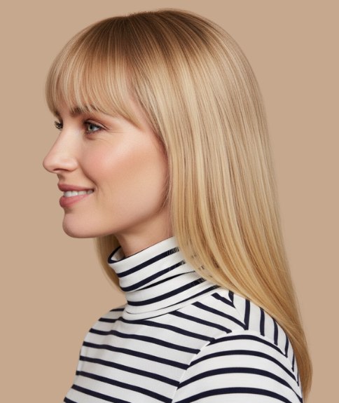 Long blonde hair with classic bangs - Side view