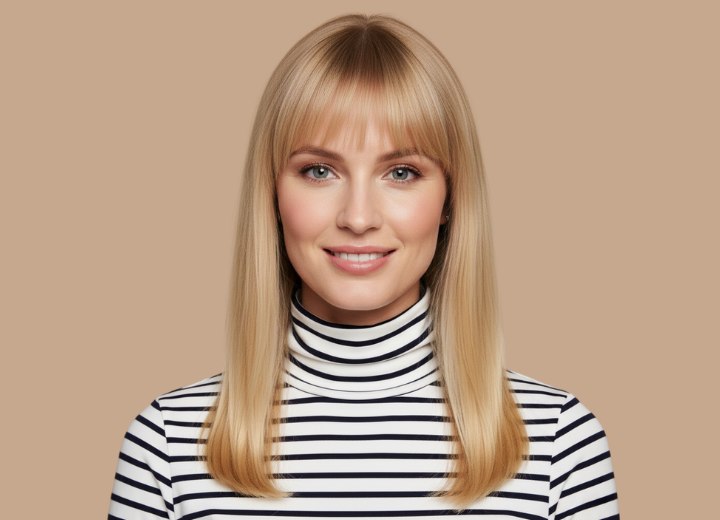 Long, past the shoulders hairstyle with an eyebrow level fringe
