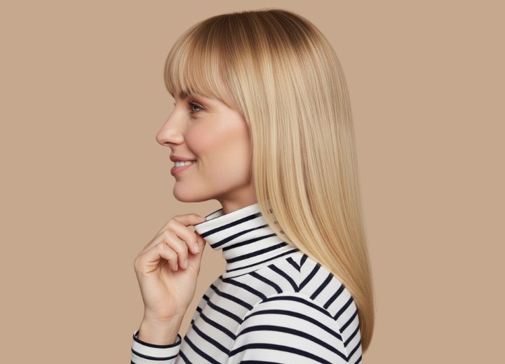 Long and straight blonde hair, paired with a striped turtleneck