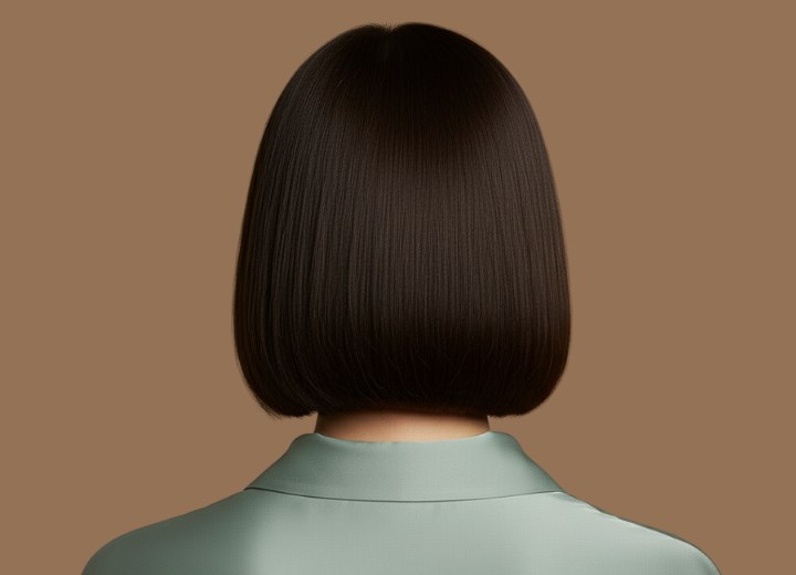 Shiny brown hair, in a bob cut - Back view