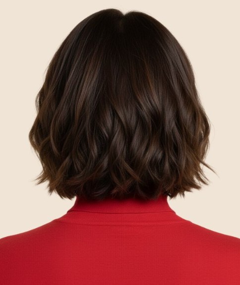 Brown hair with highlights, in a bob cut - Back view