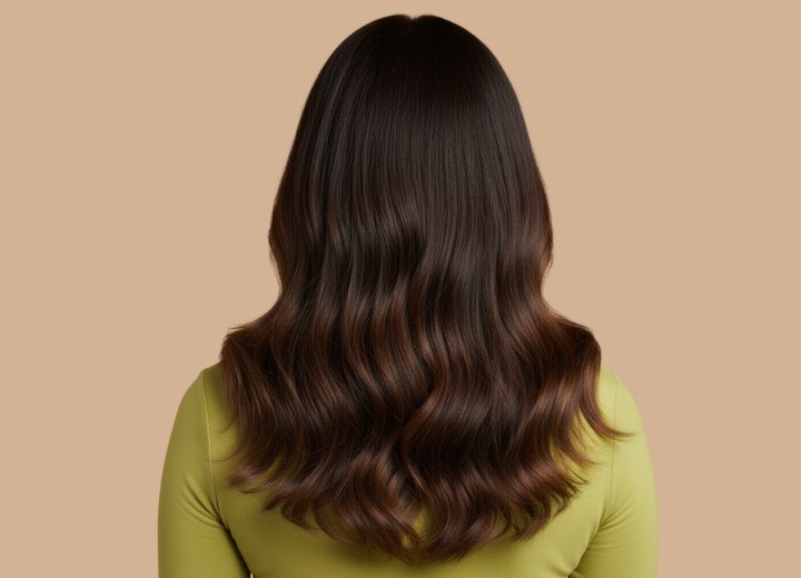 Long brown hair with honey-toned highlights - Back view
