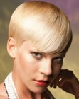 sleek pixie with curved bangs