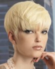 round pixie cut with a cropped neck