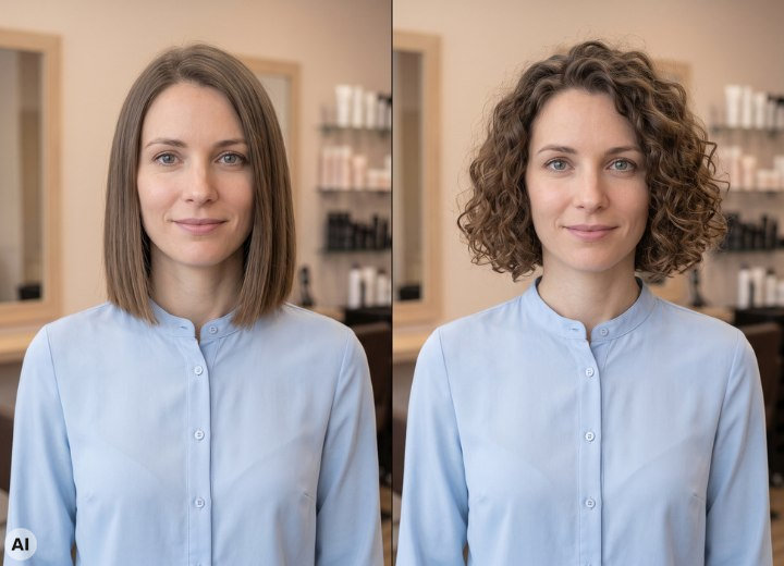 Shoulder-length bob before and after a perm