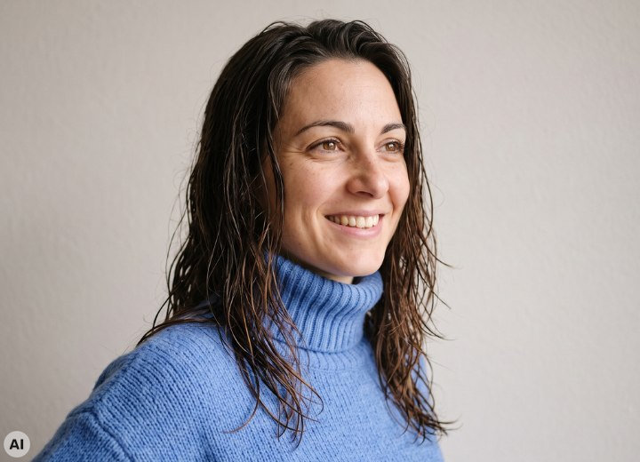 Woman with wet hair, wearing a turtleneck sweater