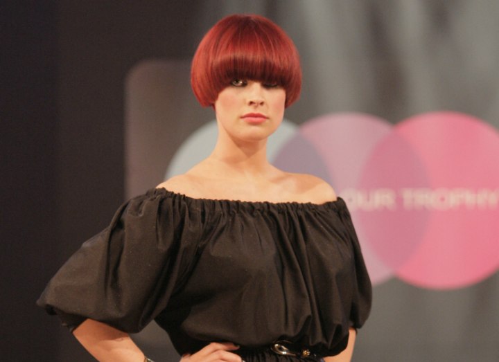 Short bob haircut with a heavy fringe