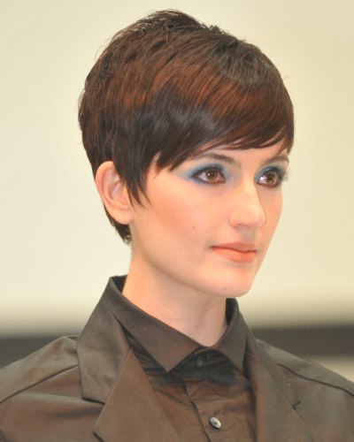 Short pixie hair and buttoned up blouse collar