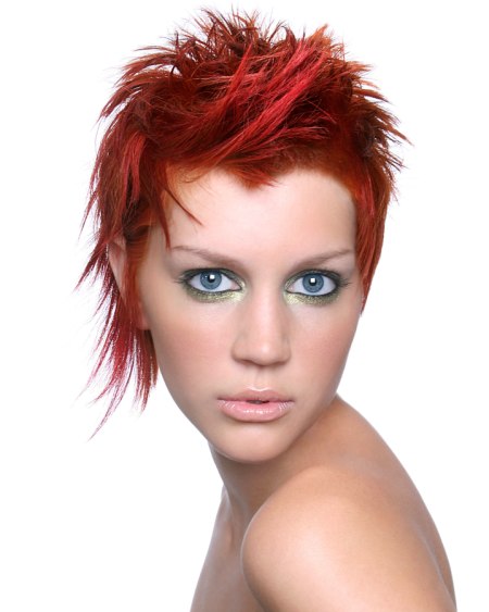 Very short hairstyle for red hair with a long side-lock