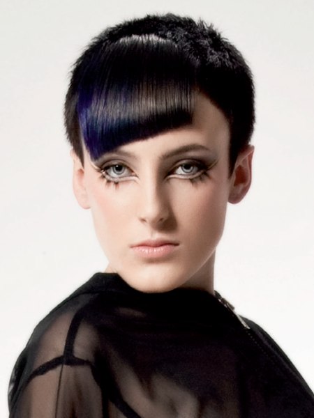 Short black hair with a blue color effect